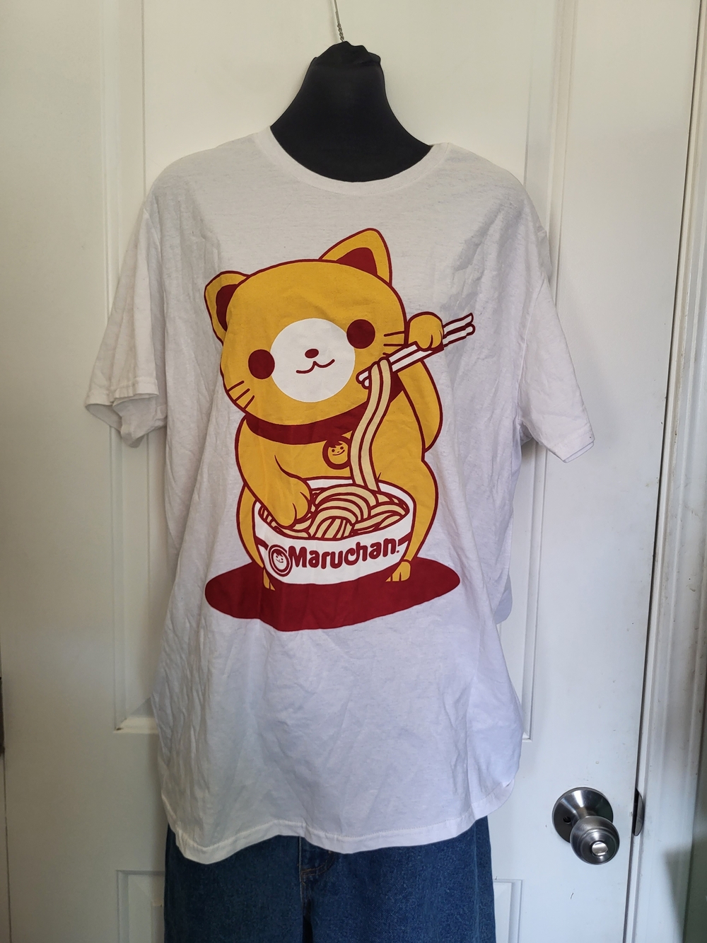 White Short Sleeve Tee with Yellow Ramen Cat Graphic